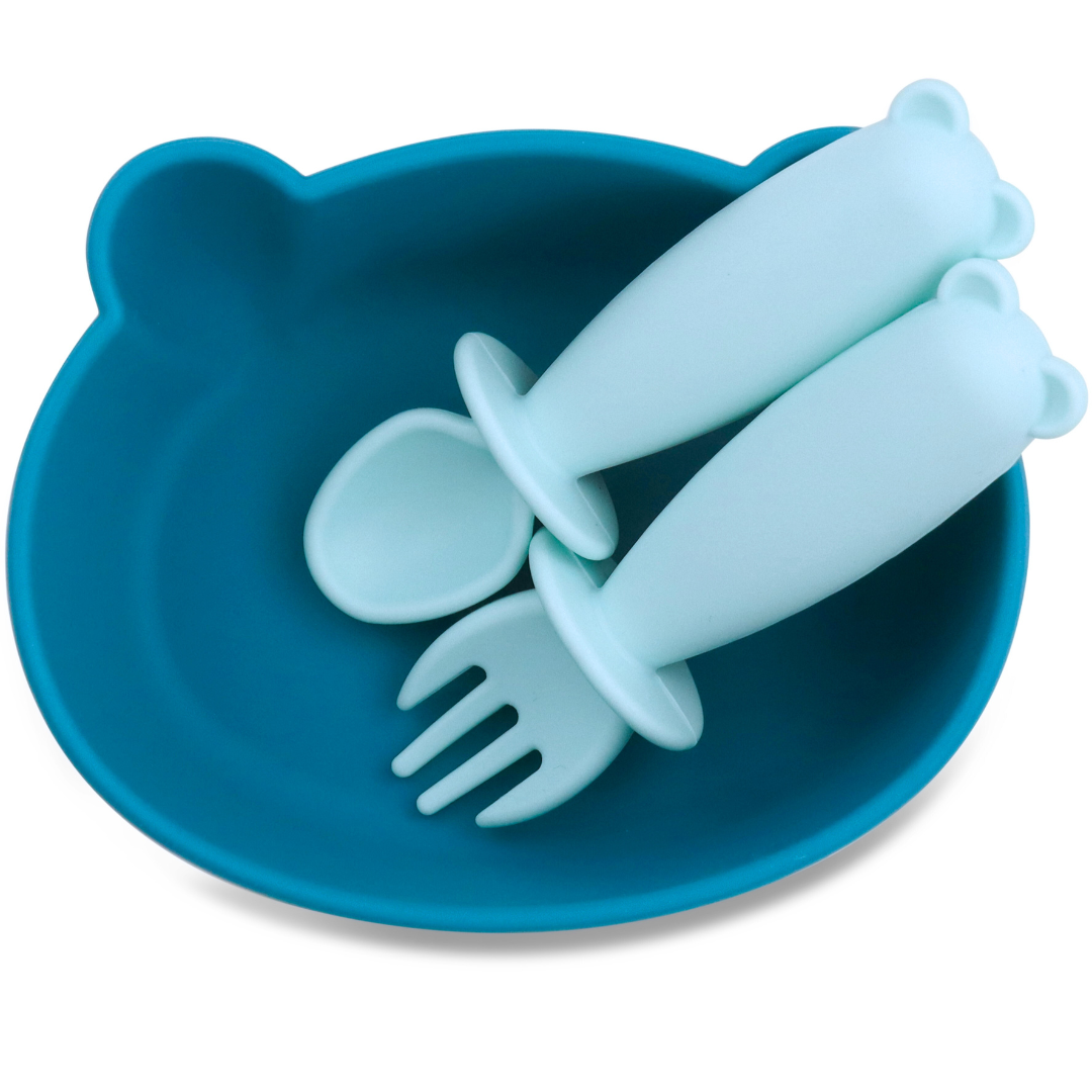 Bear Shaped Silicone Baby Bowl Feeding Set (Aquamarine)