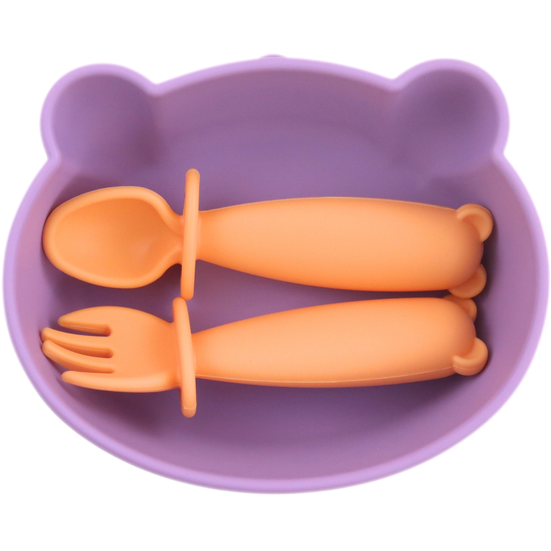 Bear Shaped Silicone Baby Bowl Feeding Set (Peach Lilac)