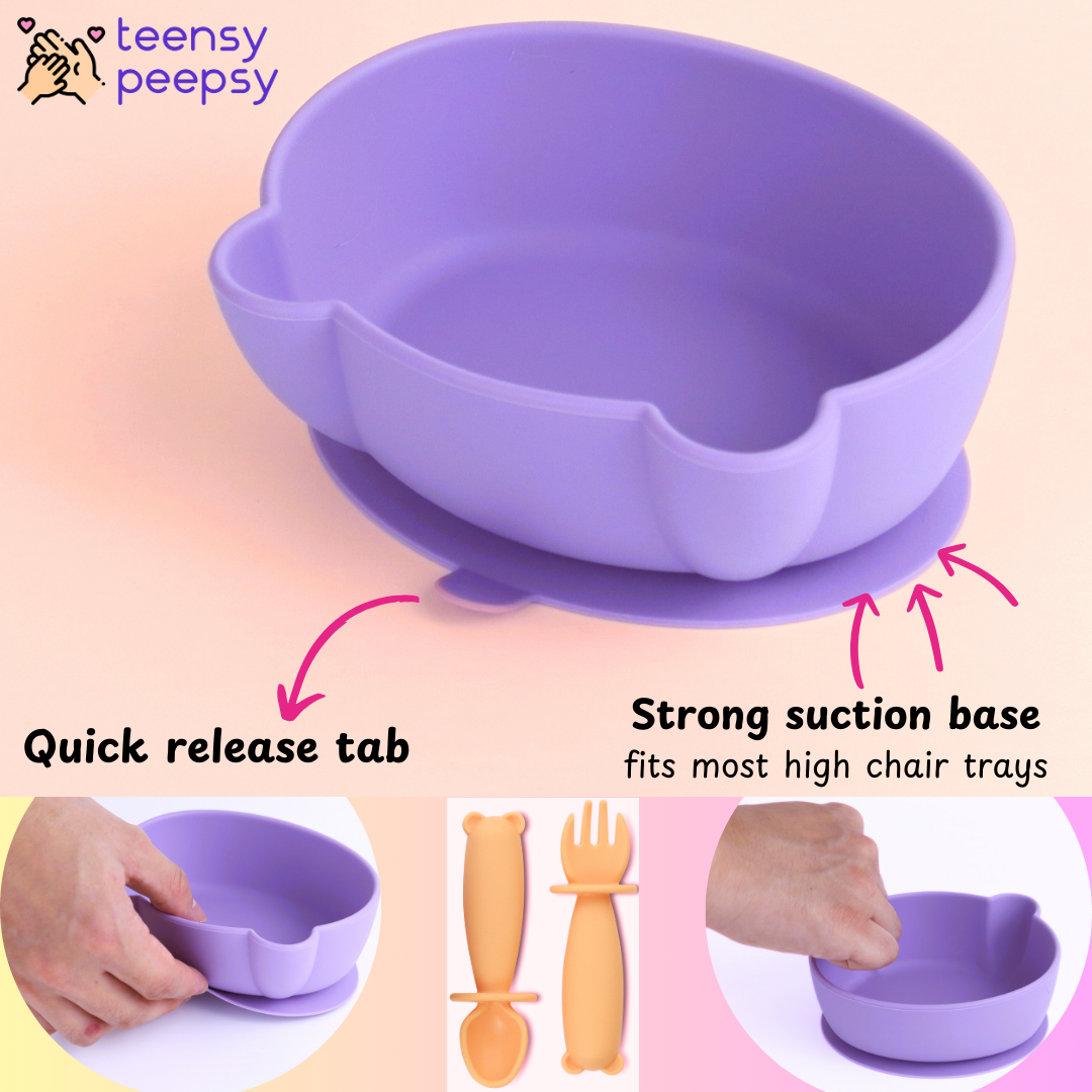 Bear Shaped Silicone Baby Bowl Feeding Set (Peach Lilac)