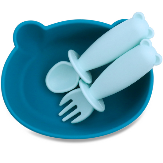 Bear Shaped Silicone Baby Bowl Feeding Set (Aquamarine)