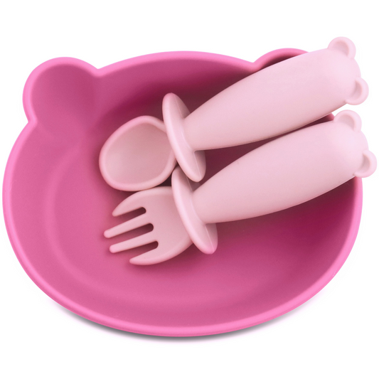 Bear Shaped Silicone Baby Bowl Feeding Set (Hibiscus)