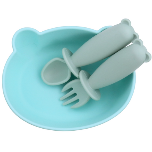 Bear Shaped Silicone Baby Bowl Feeding Set (Misty Jade)