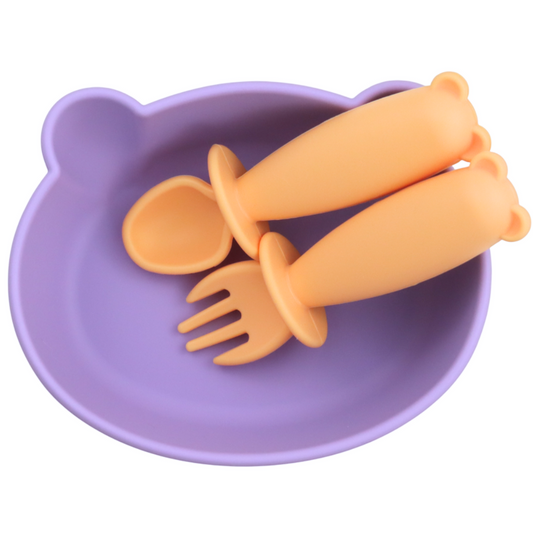 Bear Shaped Silicone Baby Bowl Feeding Set (Peach Lilac)