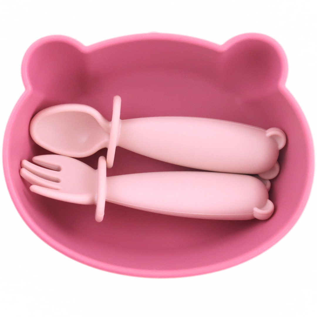 Bear Shaped Silicone Baby Bowl Feeding Set (Hibiscus)