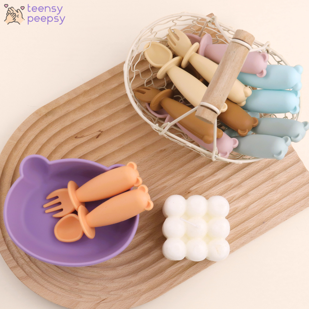 Bear Shaped Silicone Baby Bowl Feeding Set (Peach Lilac)