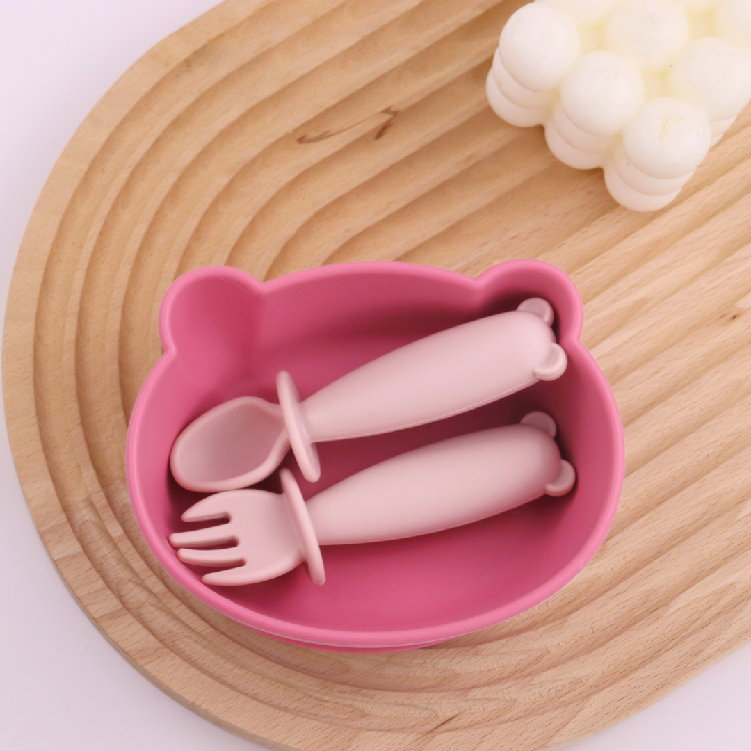 Bear Shaped Silicone Baby Bowl Feeding Set (Hibiscus)