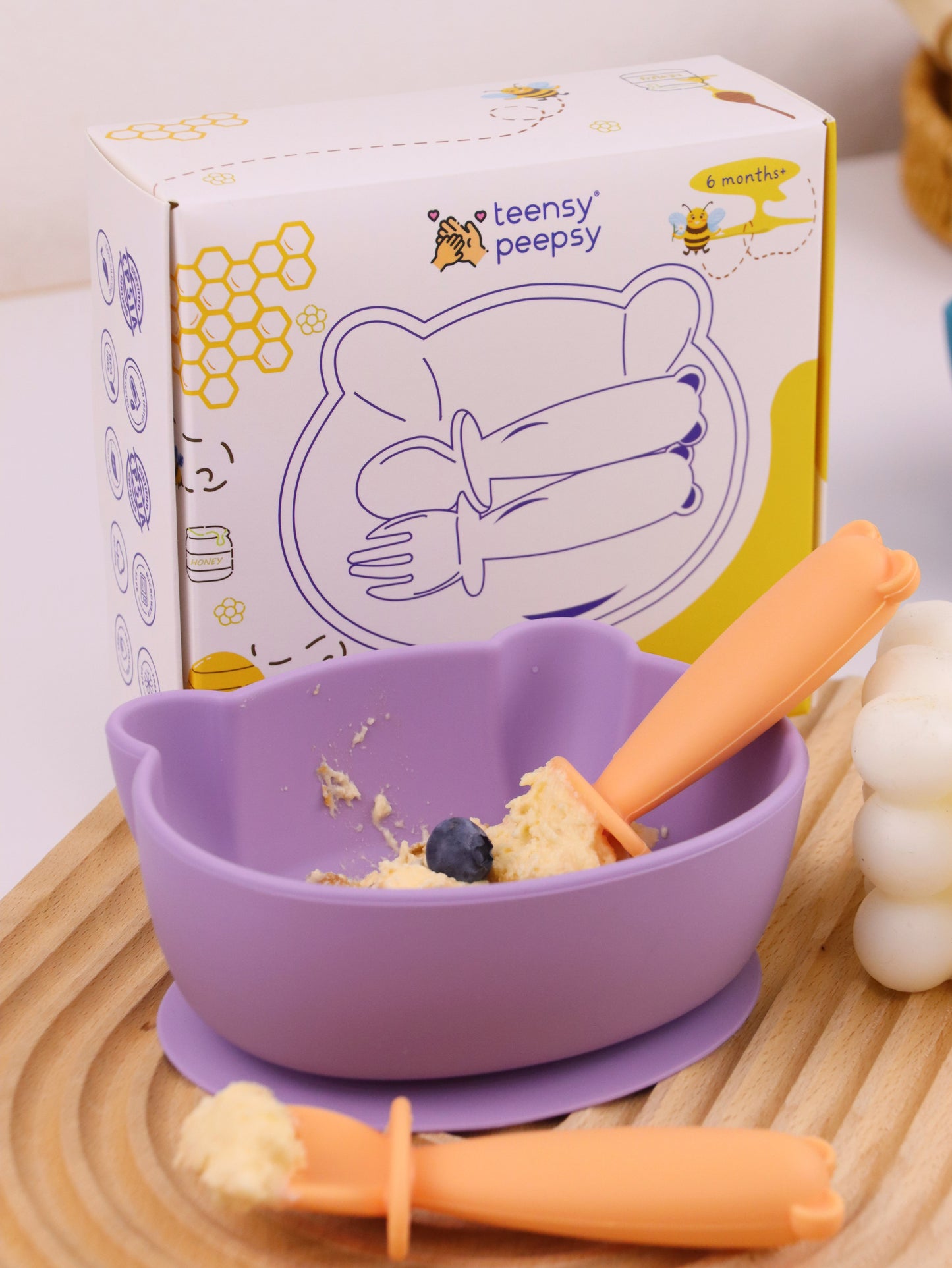 Bear Shaped Silicone Baby Bowl Feeding Set (Peach Lilac)