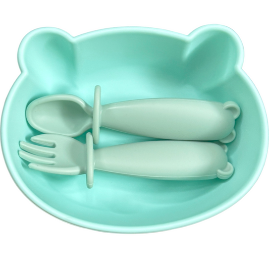 Bear Shaped Silicone Baby Bowl Feeding Set (Misty Jade)