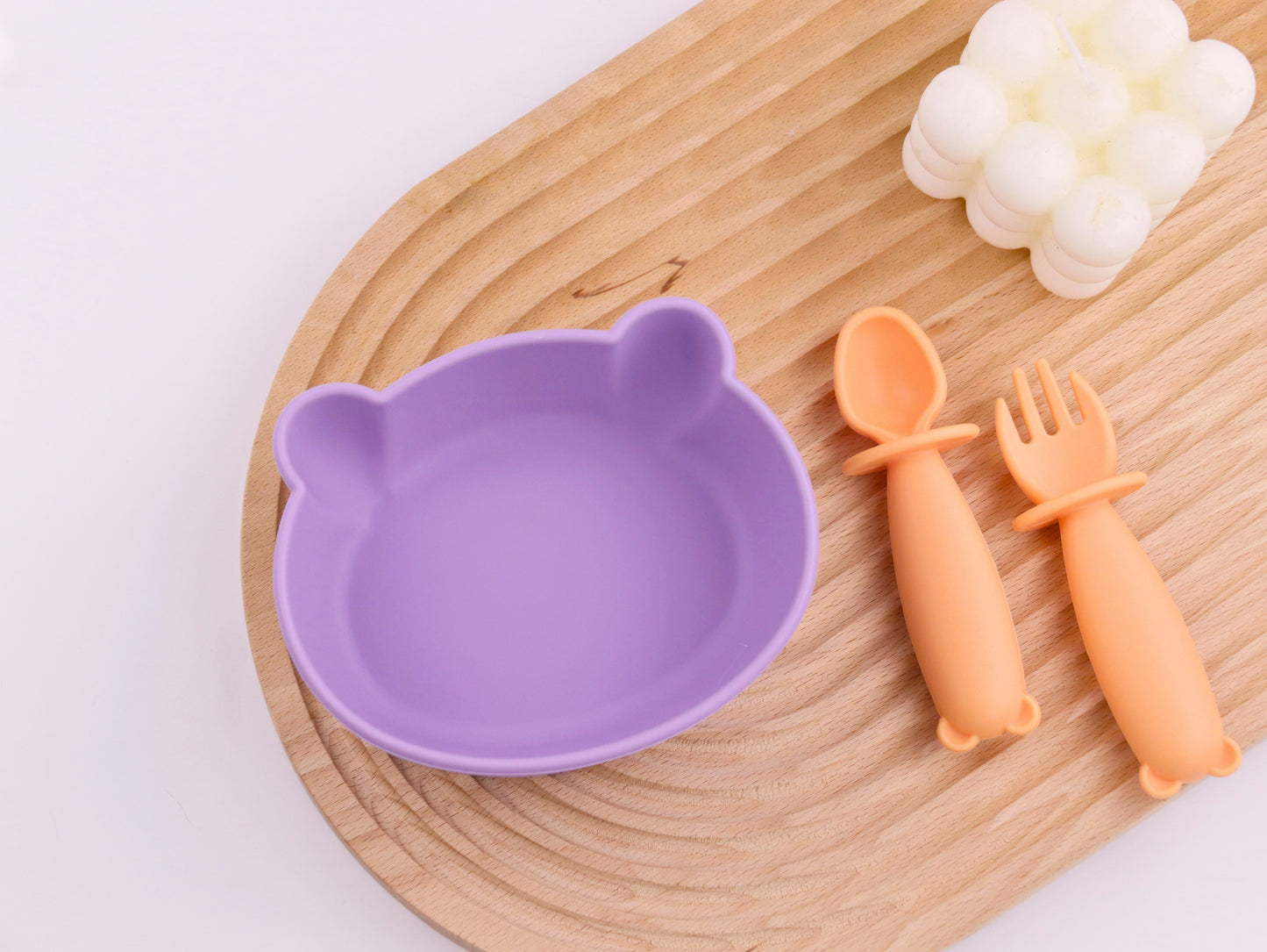 Bear Shaped Silicone Baby Bowl Feeding Set (Peach Lilac)
